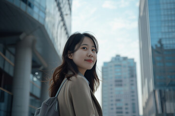 Smiling Asian Office Lady in Office Building Background