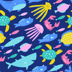 Sea life seamless pattern. Cute fish, plants and marine life. Childish print for clothes, textile, wallpaper, baby shower. 