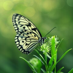 Obraz premium Beautiful Butterfly on Blurred Background, Rice Paper Butterfly Banner with Copy Space, Meadow Butterfly