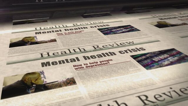 Mental health crisis depression daily news newspaper roll printing. Abstract concept retro headlines 3d seamless looped.