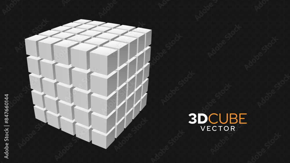 Poster 3D White Cube of Cubes in Perspective. Flying Cubes On A Transparent Background. Vector Illustration For Advertising.