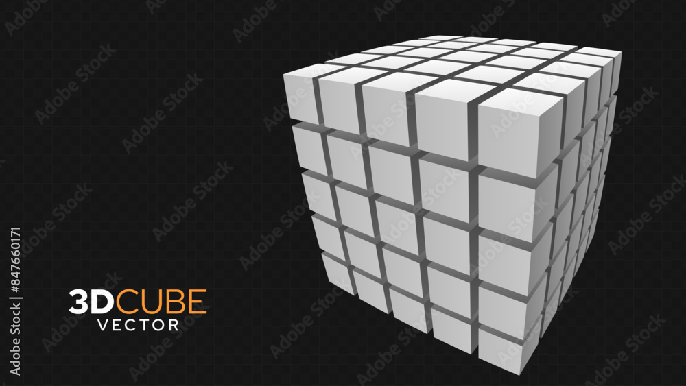 Poster 3d white cube of cubes in perspective. flying cubes on a transparent background. vector illustration