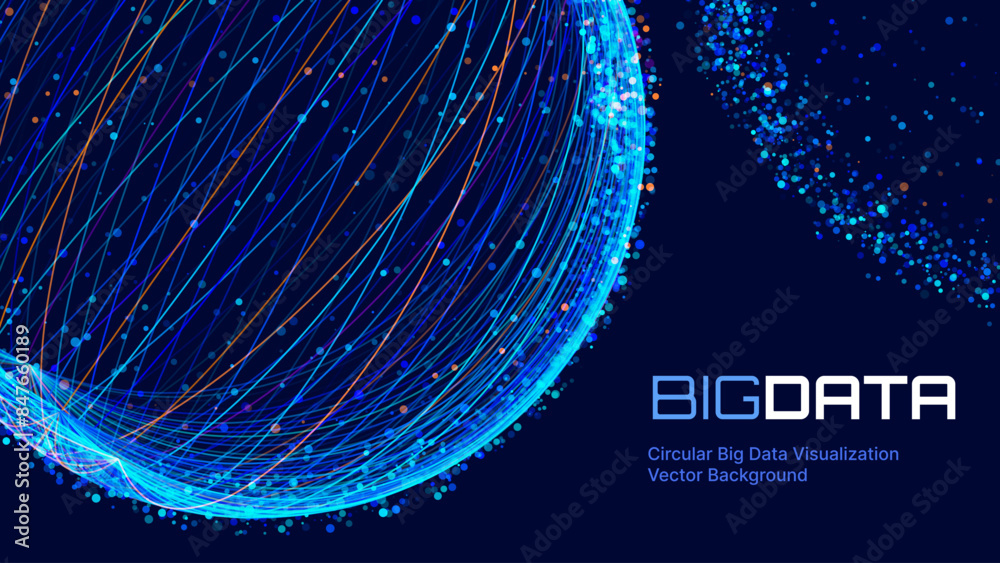 Poster Big Data Blue Futuristic Sphere Globe Connection Networks. Neural Network Communication. Big Data Cyber Space. Hi Tech Business Data Flow Analytics Vector Illustration.