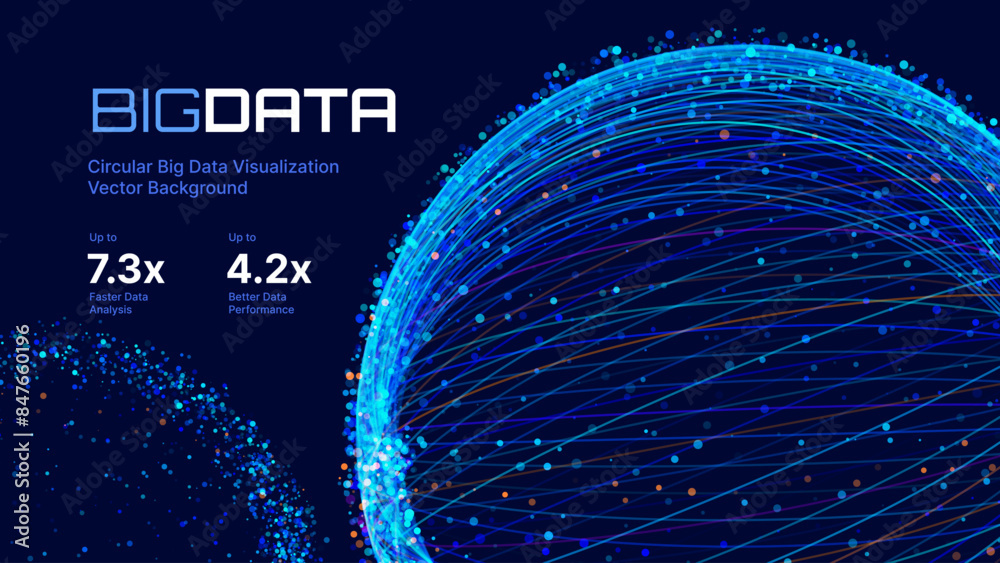 Poster Big Data Blue Futuristic Sphere Globe Connection Networks. Neural Network Communication. Big Data Cyber Space. Hi Tech Business Data Flow Analytics Vector Illustration.