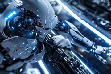 Futuristic robot with advanced technology and glowing blue lights, representing innovation in AI and robotics.