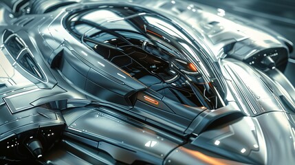 Futuristic sleek silver car interior with advanced technology and modern design in high detail, showcasing innovation in transportation.