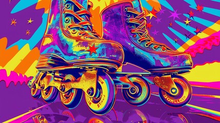 A pair of colorful roller-skates with yellow wheels against a purple background with stars.