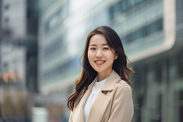 Obraz premium Smiling Asian Office Lady in Office Building Background