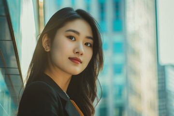 Smiling Asian Office Lady in Office Building Background