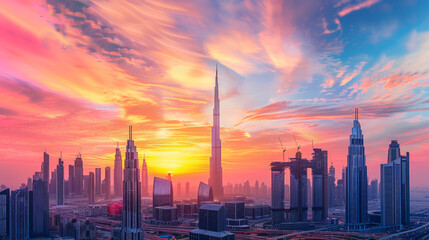 Fototapeta premium Dubai's skyline at sunrise is stunning, with its luxury skyscrapers standing tall against a colorful sky.