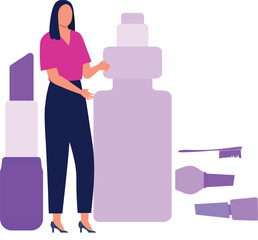 The girl is standing by the lipstick.