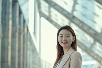 Smiling Asian Office Lady in Office Building Background