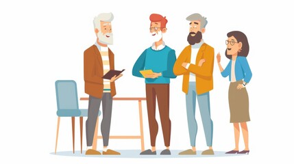 Four adults stand and talk in a meeting