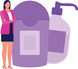 The girl is standing next to different cosmetic bottle.