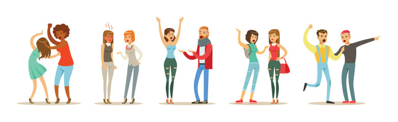 People Character Fighting and Quarrelling Making Loud Public Scandal Vector Set