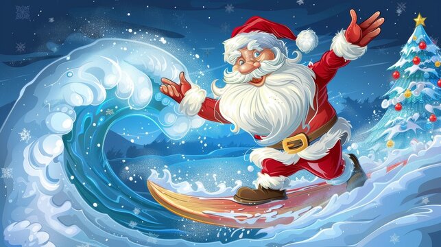 Santa claus surfing on festive poster with empty space for customized text and messages