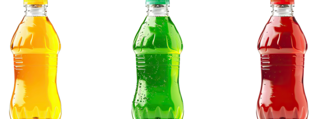 Soft Drinks Bottles, Front, Side, and Angled. Isolated on a Transparent Background. Cutout PNG.