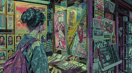 A young woman with a backpack walks by a city storefront, eyes filled with wonder and joy at a poster. Vibrant colors, urban energy