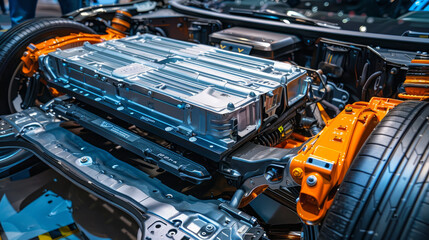 Fototapeta premium Electric cars store energy in lithium batteries. These batteries are connected to the car's power system, which provides electricity to the motor and other components.