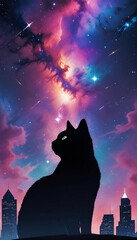 A cat with colorful cosmic background with stars and planets.