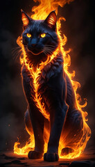 Cat in flames with fire