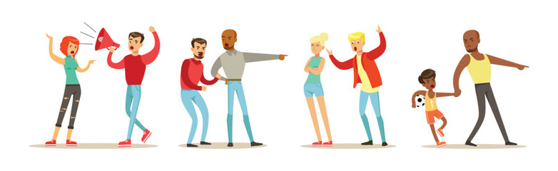 People Character Fighting and Quarrelling Making Loud Public Scandal Vector Set