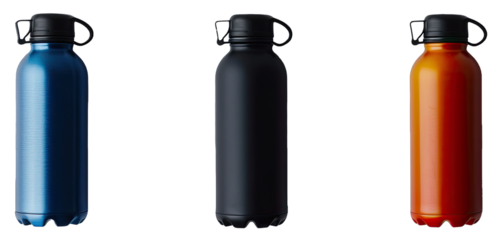 Stainless Steel Water Bottles, Sleek Design, Different Colors. Isolated on a Transparent Background. Cutout PNG.