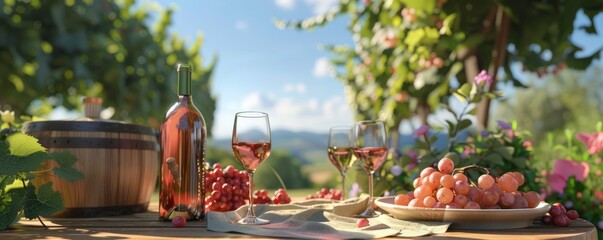 Outdoor wine tasting event with vineyard views, wine glasses and summer flavors, 4K hyperrealistic photo.