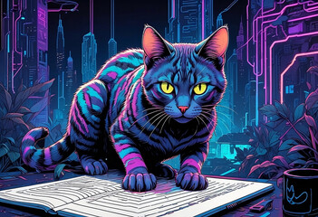 Vaporwave style futuristic cat