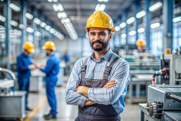 A portrait of an industrial engineer, possibly in a factory setting or with industrial machinery in the background, symbolizing expertise in optimizing production processes and systems.