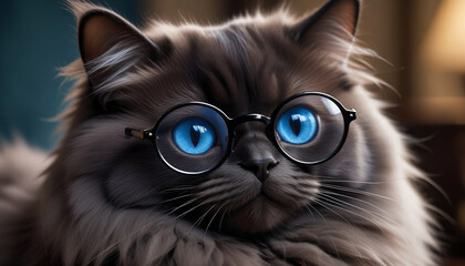 Closeup of  blue eyes cat wearing glasses.