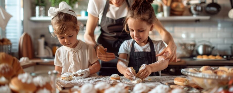 Family baking for National Fluffernutter Day, October 8th, making fluffernutter sandwiches together, 4K hyperrealistic photo. - Powered by Adobe