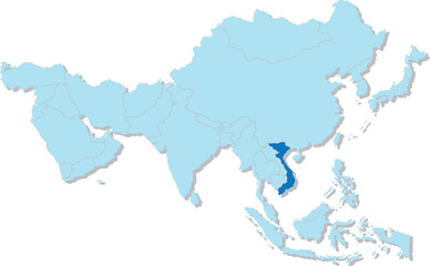 Highlighted blue map of VIETNAM inside light blue 3D blank political map of Asia orthographic projection on transparent background, without Russia