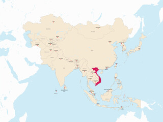 Obraz premium Highlighted red map of VIETNAM inside light red detailed political map of Asia using orthographic projection on white and blue background