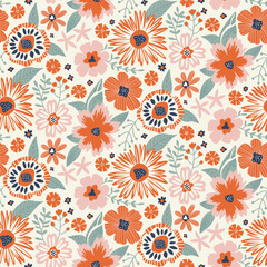 Floral Seamless Pattern in Flat Style six colors orange, green, pink, navy blue on white. Repeat Wallpaper Print Texture. Perfectly for Wrapping Paper, Textile, Fabric, Decor Ornament.