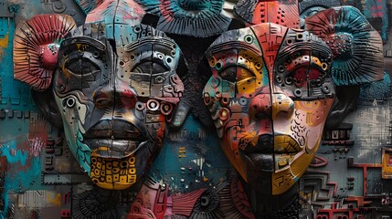Vibrant Abstract Collage of Textured Tribal Masks and Faces