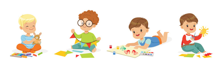 Kids Doing Creative Activity and Craft Hobby in Art Workshop Vector Set
