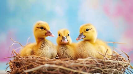Three yellow ducklings await the birth of their siblings about to hatch in the bird nest isolated on colorful background