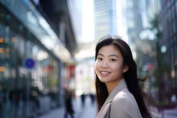 Obraz premium Smiling Asian Office Lady in Office Building Background
