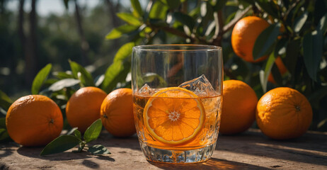 orange drink on wooden plank floor in orange tree background