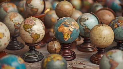 Collection of Vintage Globe Displays on Wooden Stands Showcasing the World s Diverse Geography and Cultures