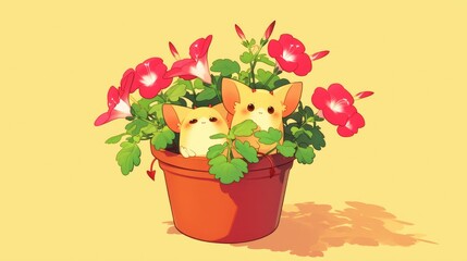 In the cartoon pot the mischievous devil geranium flowers are thriving