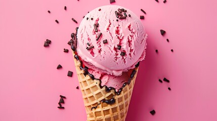 Top view of delicious sweet pink ice cream in waffle cone with chocolate sprinkles placed isolated on colorful background