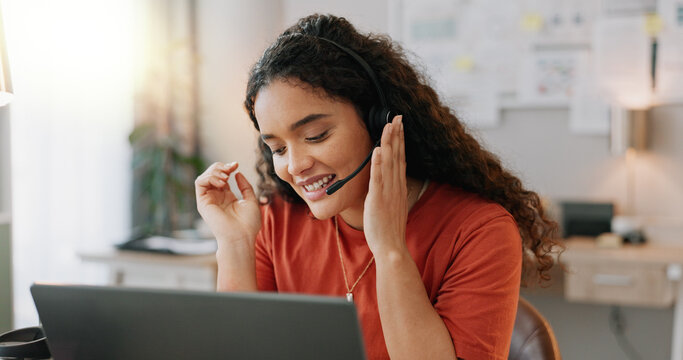 Woman, headset and telemarketing in home for business, networking and startup with laptop or proposal. Sales representative, technology and call in workplace for meeting, negotiation and consulting