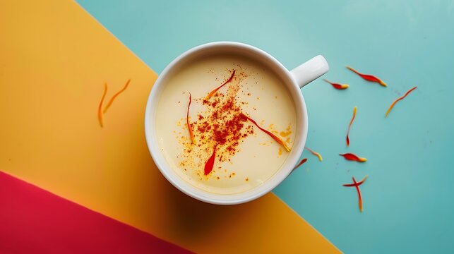 Top view of saffron latte or saffron moon milk in the white cup isolated on colorful background