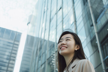 Fototapeta premium Smiling Asian Office Lady in Office Building Background