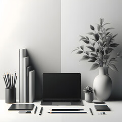 Notebook and pen with flower in flowerpot, branch and green leaves and laptop with copy space.