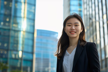 Smiling Asian Office Lady in Office Building Background
