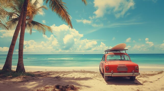 Fototapeta A vintage car parked under swaying palm trees on a sunny beach exudes the perfect summer escape.