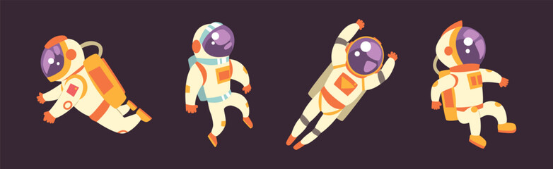 Astronaut or Cosmonaut in Space Suit and Helmet Floating in Galaxy Vector Set